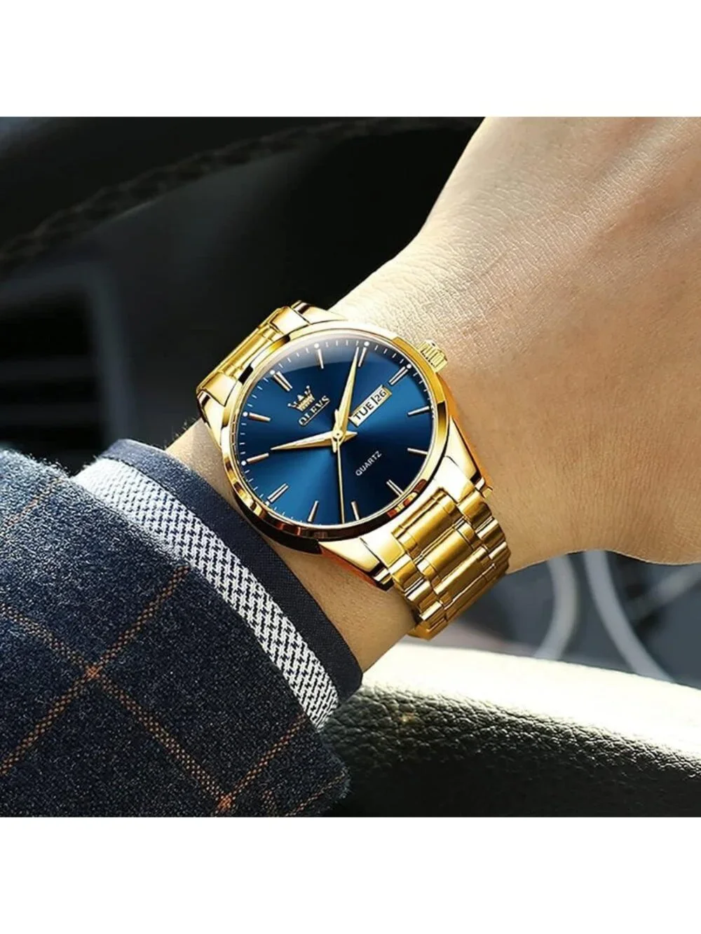 Olevs Men's Gold Luxury Stainless Steel Blue Face Analog Quartz Luminous Watch